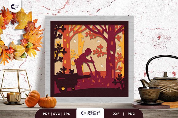 Raking Fall Leaves 3D SVG for Seasonal Digital Products