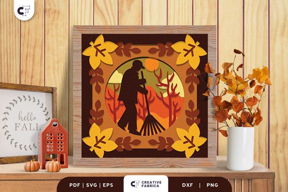Raking Fallen Maple 3D Shadow Box: Fall-Inspired 3D SVG for Seasonal Branding