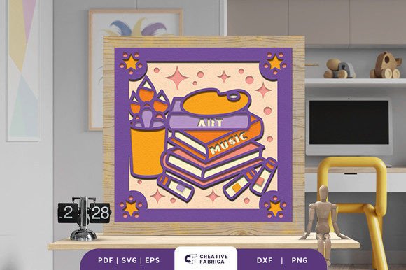 Stack of Art and Music Books Shadow Box β 3D SVG for School-Themed Digital Products