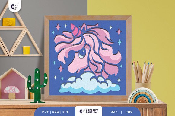 Unicorn with Beautiful Hair Shadow Box: A 3D SVG for Fantasy & Fairy Tale Digital Sellers